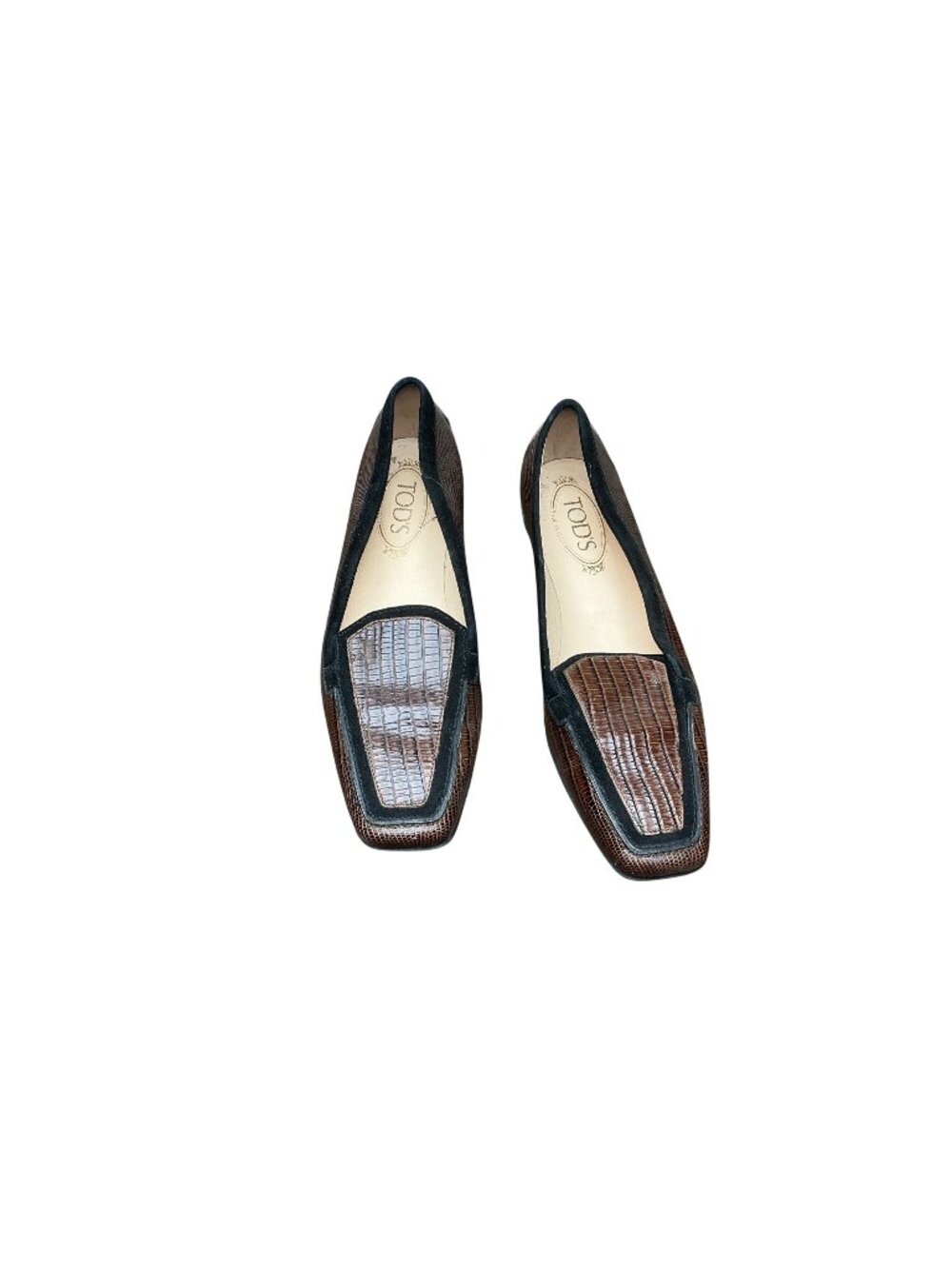 Tod’s Brown Black Lizard Embossed Leather Loafers Womens Slip On Italy Size 37.5